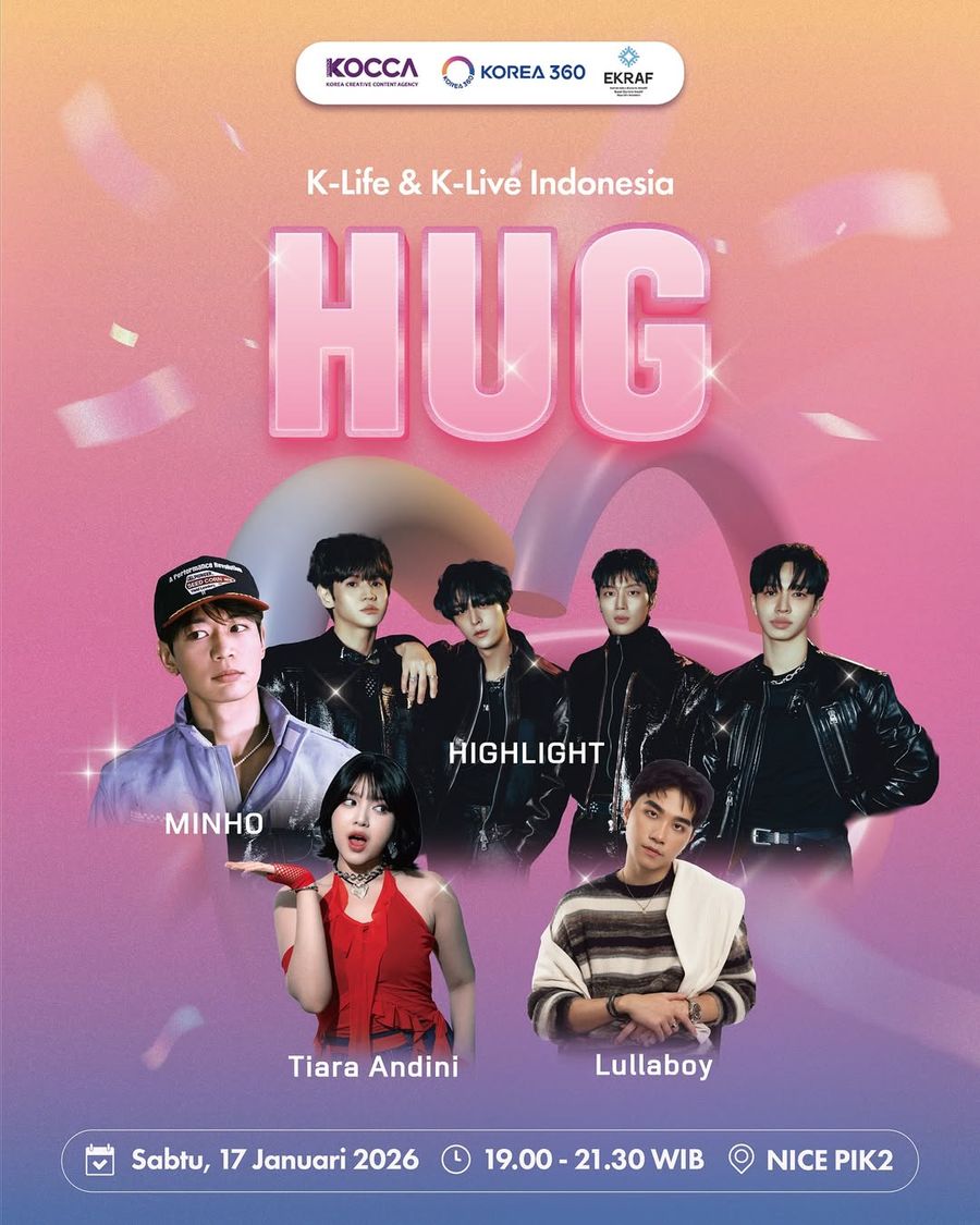 Poster Konser HUG KOREA360 featuring Minho (SHINee), HIGHLIGHT, Tiara Andini, and Lullaboy